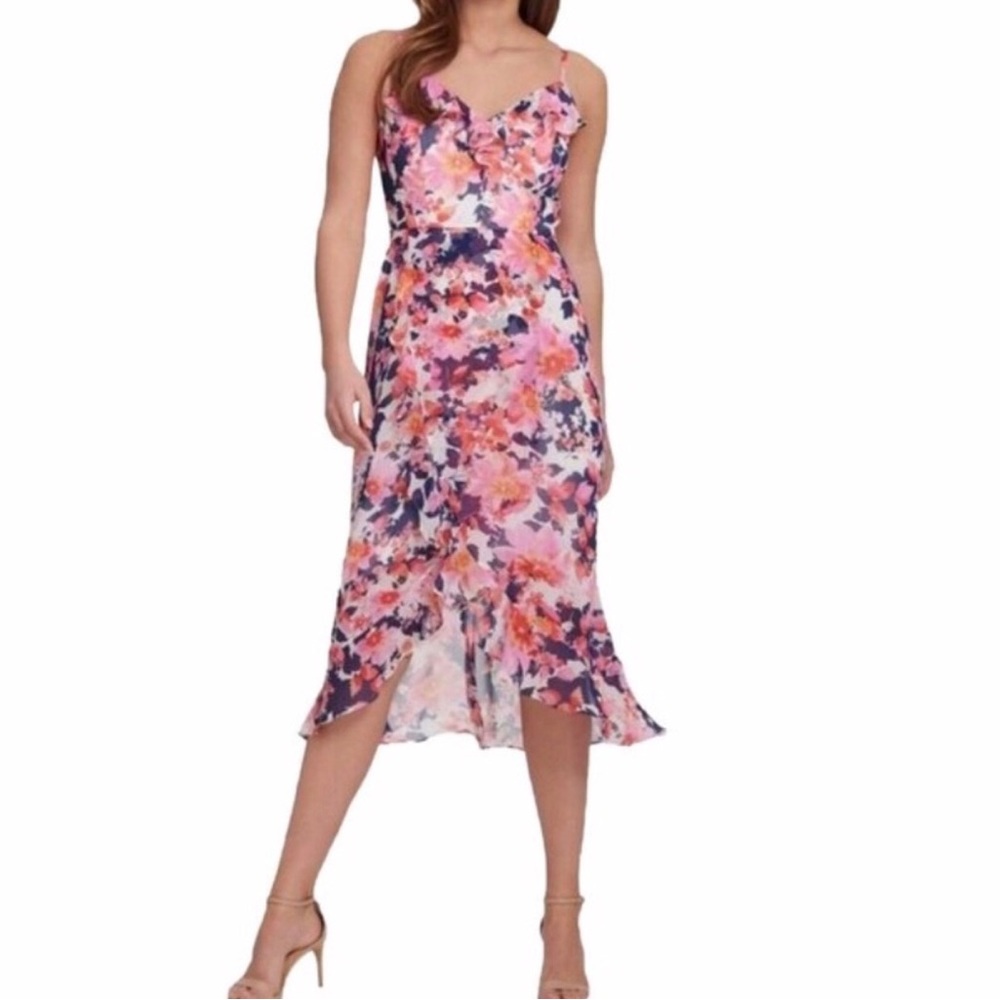 Kenzie midi dress white pink blue floral hi low tulip style wrap frill…